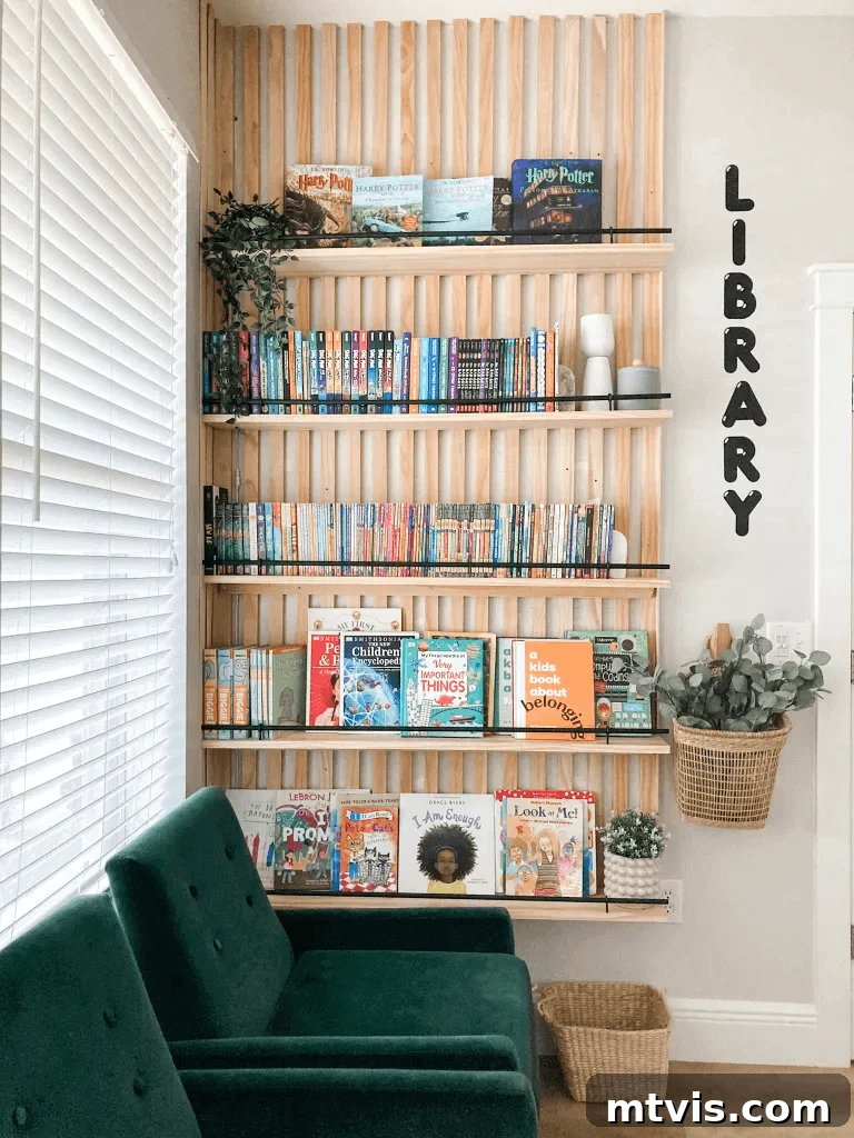 DIY Shelves Made Simple and Stylish 13 Library shelving with a plank accent wall and dowel edges for a cozy reading nook