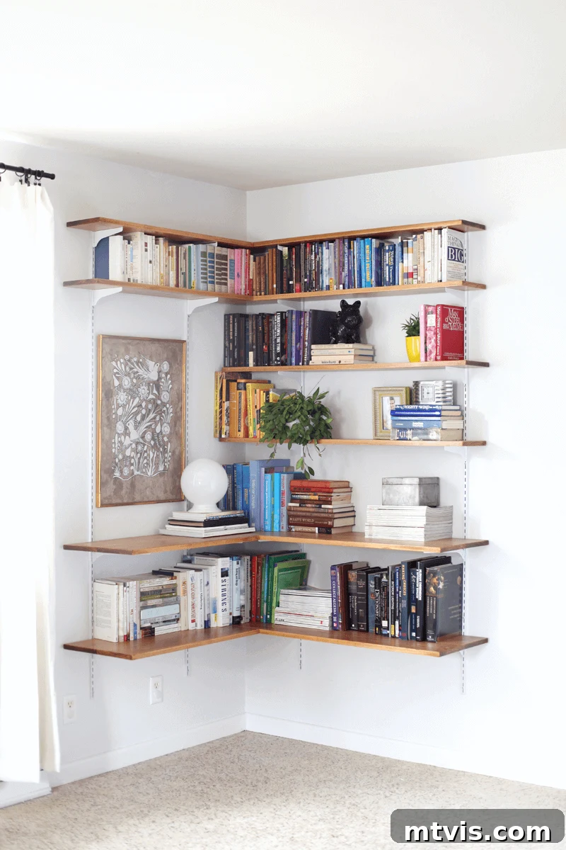 DIY Shelves Made Simple and Stylish 15 Adjustable corner shelves with brackets, designed for future expansion into an office space