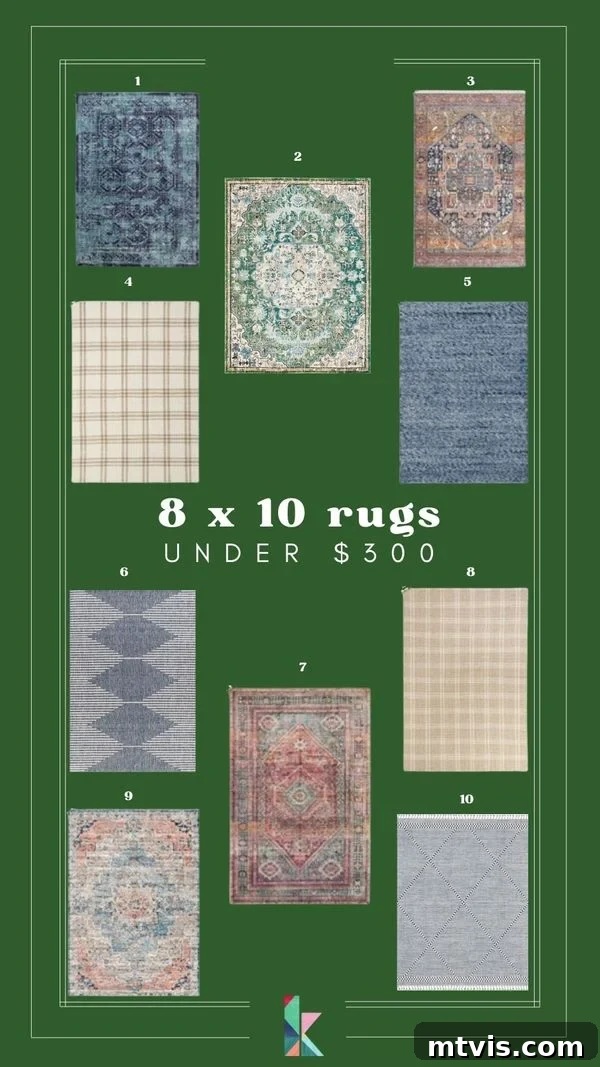  A graphic with a green background, pictures of numbered rugs, and text that reads, "8 X 10 rugs under $300." These selections offer great style on a budget.