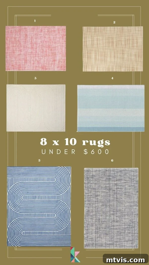 A sage green graphic of six numbered, affordable area rugs with center text that says, “8x10 rugs under $600,” showcasing premium choices.