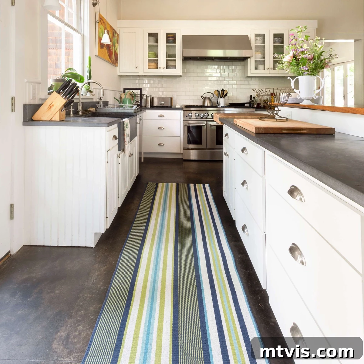 Designer Strategies for Stunning Kitchen Runner Rugs 4 A striped indoor-outdoor rug used as kitchen runner in a long and open white kitchen.