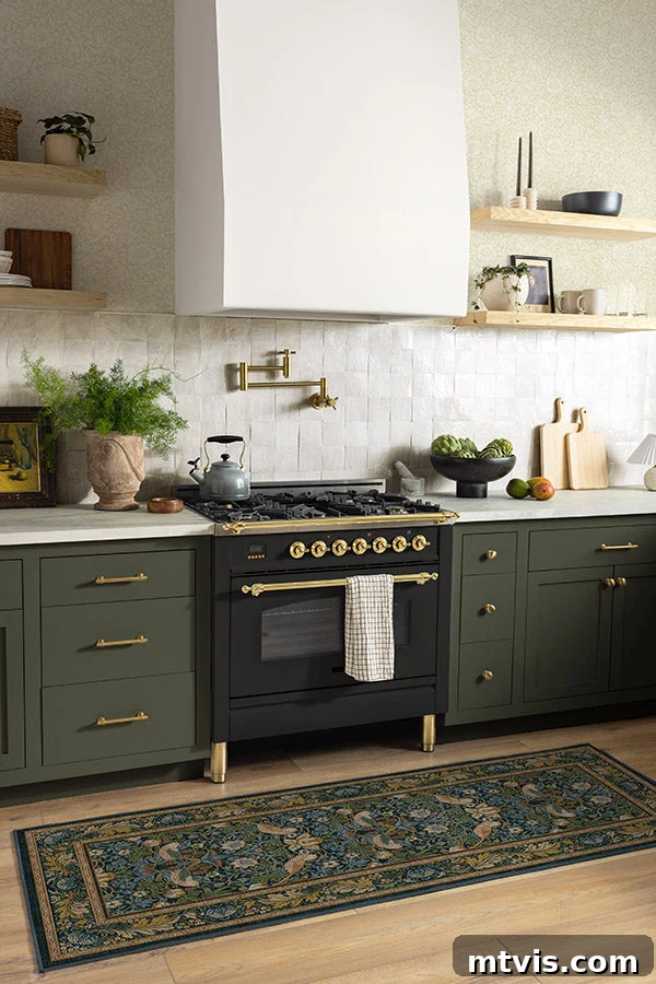Designer Strategies for Stunning Kitchen Runner Rugs 5 A green, blue, and gold-toned ruggable kitchen rug runner in a deep green and off-white cottage kitchen.