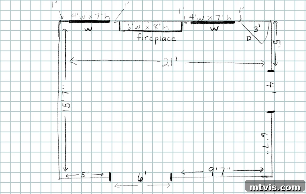 Space Planning Essentials: Design Your Perfect Layout 6 Simple space plan sketch on graph paper showing room dimensions and fixed elements.