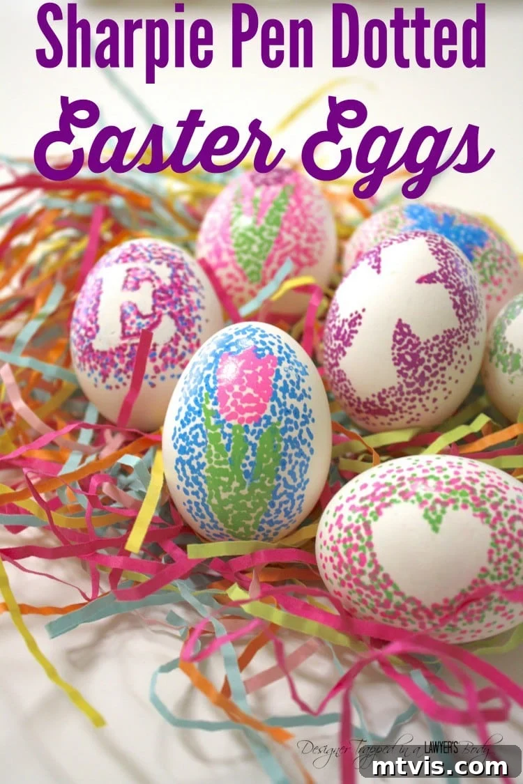 Close-up of beautifully decorated Easter eggs featuring intricate dotted Sharpie designs in various colors, showcasing a modern and mess-free decorating technique.