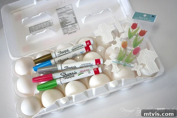 A collection of Sharpie paint pens and various craft stickers laid out next to a bowl of hard-boiled eggs, ready for an exciting Easter egg decorating session.