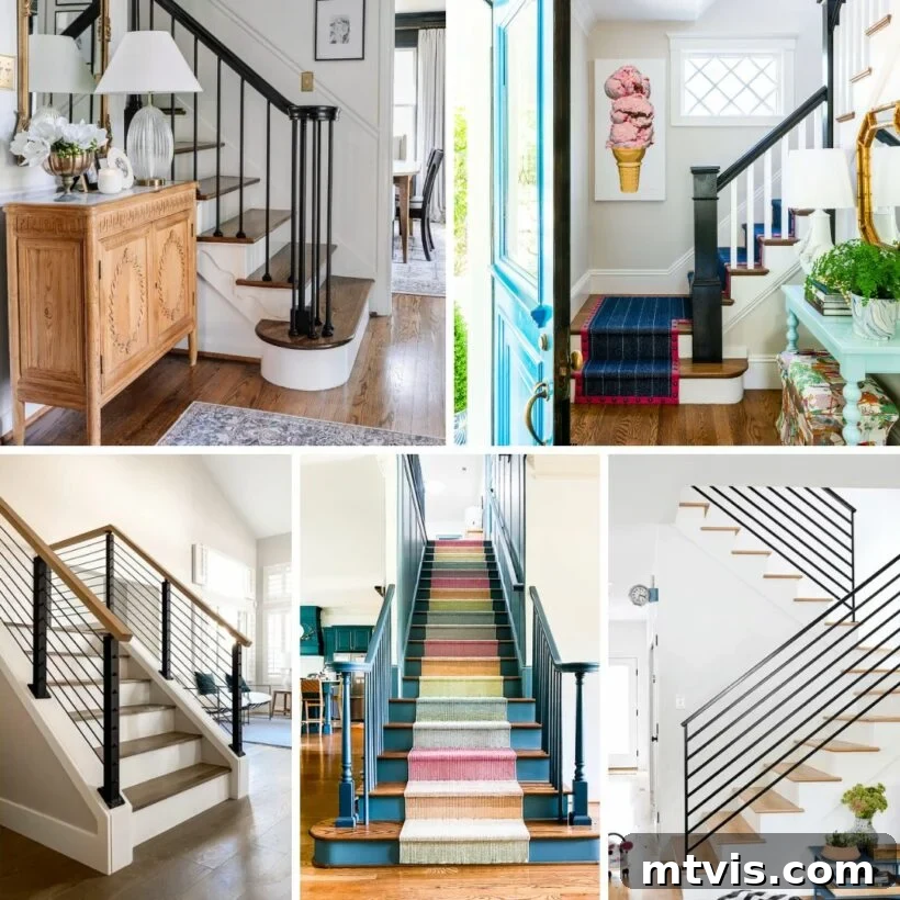 15 Stylish Stair Railing Concepts to Elevate Your Home 2 A collage of five different staircases showing off unique railing ideas.