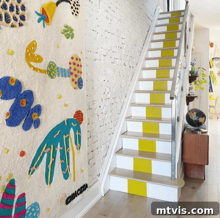 15 Stylish Stair Railing Concepts to Elevate Your Home 6 A bright contemporary staircase has a yellow runner; the colorful shapes on the wallpaper add to the eclectic feel.