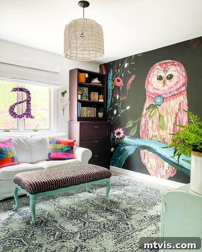 28 Whimsical Wonderland Bedrooms for Her 18 colorful owl mural accent wall with eggplant bookshelves and IKEA loveseat