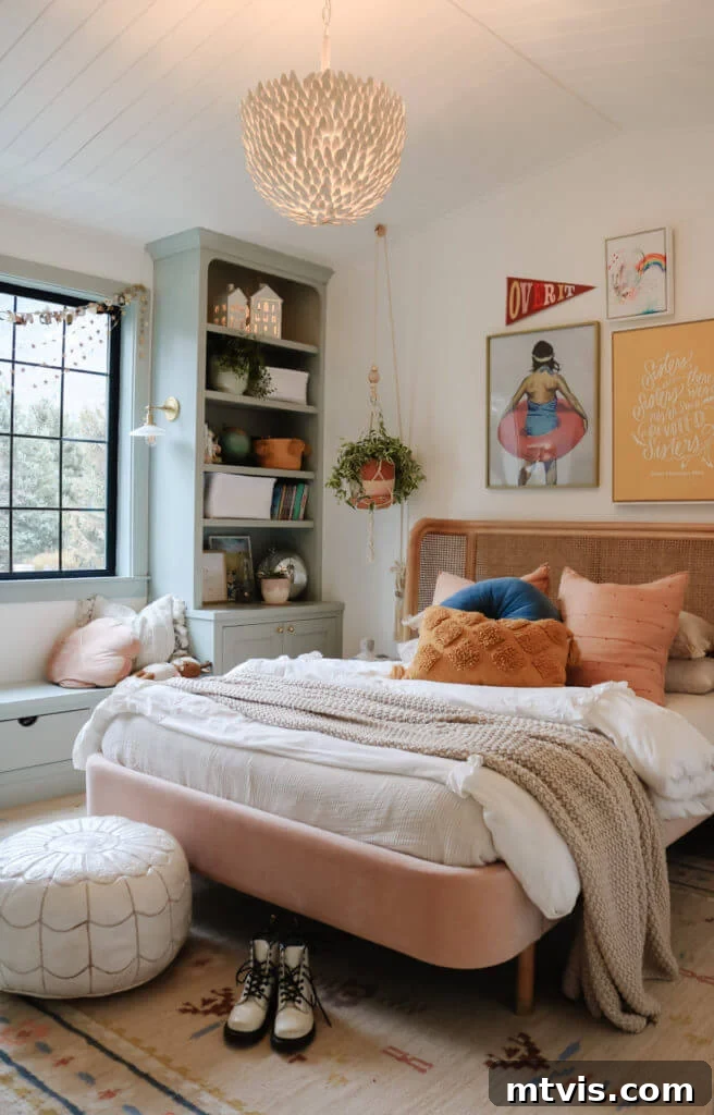 28 Whimsical Wonderland Bedrooms for Her 21 bedroom with velvet and can bed, mint window seat and book shelves and planked ceiling