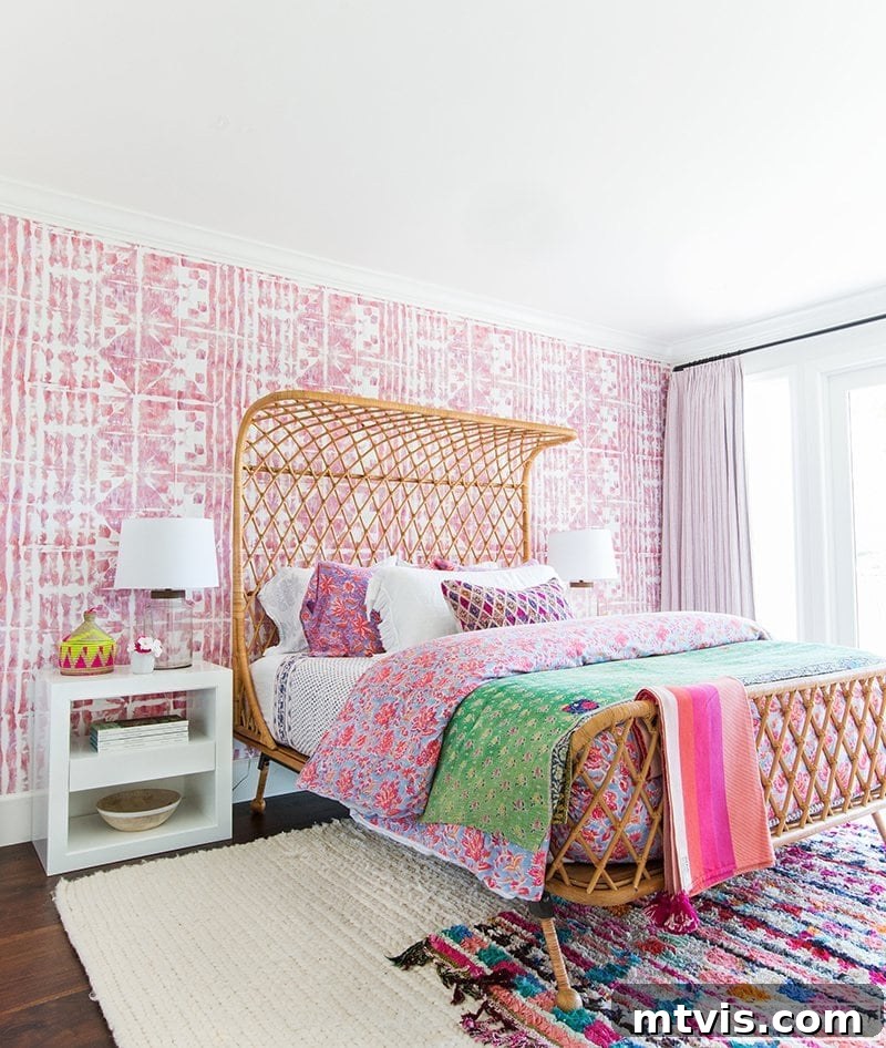 28 Whimsical Wonderland Bedrooms for Her 22 eclectic boho girl's bedroom with rattan bed, pink and white batik wallpaper and pink and green bedding