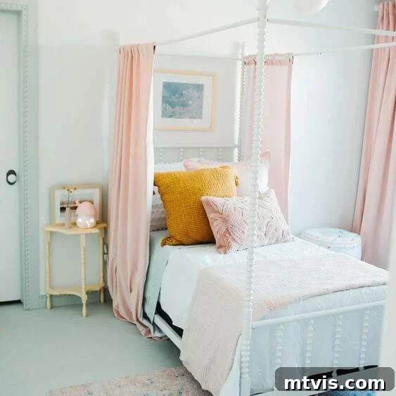 28 Whimsical Wonderland Bedrooms for Her 23 white canopy bed with pink curtains, pin and white bedding and mint sheets in girl's bedroom