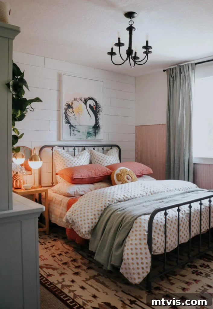 28 Whimsical Wonderland Bedrooms for Her 24 small neutral farmhouse girl's bedroom with blush bead board and swan painting over bed