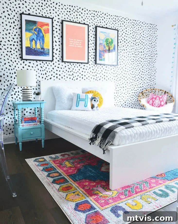 28 Whimsical Wonderland Bedrooms for Her 25 bright bedroom with black and white polka dot wallpaper, bright art, and white bedding