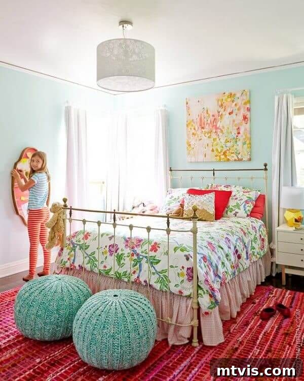 28 Whimsical Wonderland Bedrooms for Her 26 bright floral girl's bedroom with vintage iron bed and bright pink rug
