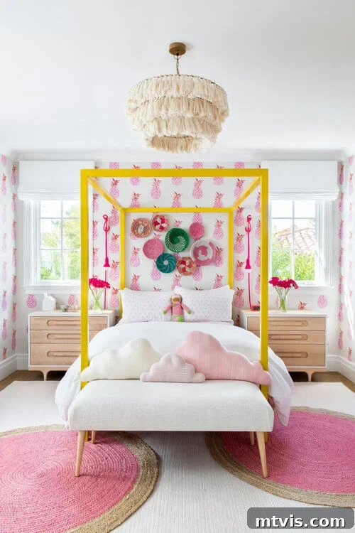 28 Whimsical Wonderland Bedrooms for Her 29 girls bedroom with pink pineapple wallpaper and yellow four poster bed with white bedding.