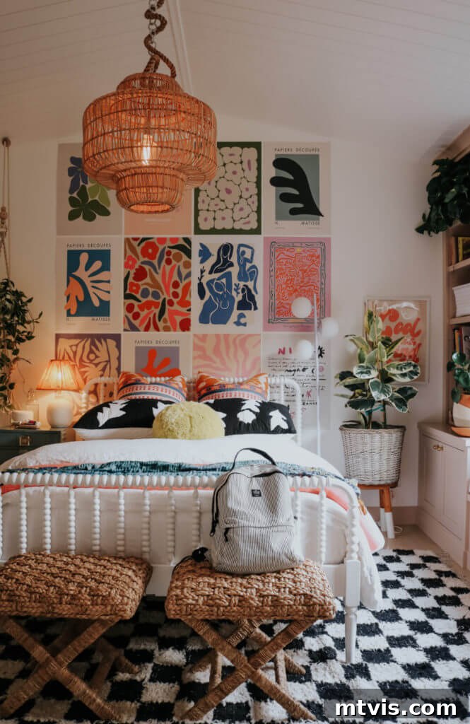 28 Whimsical Wonderland Bedrooms for Her 30 boho teen bedroom with art poster gallery wall and checkerboard rug