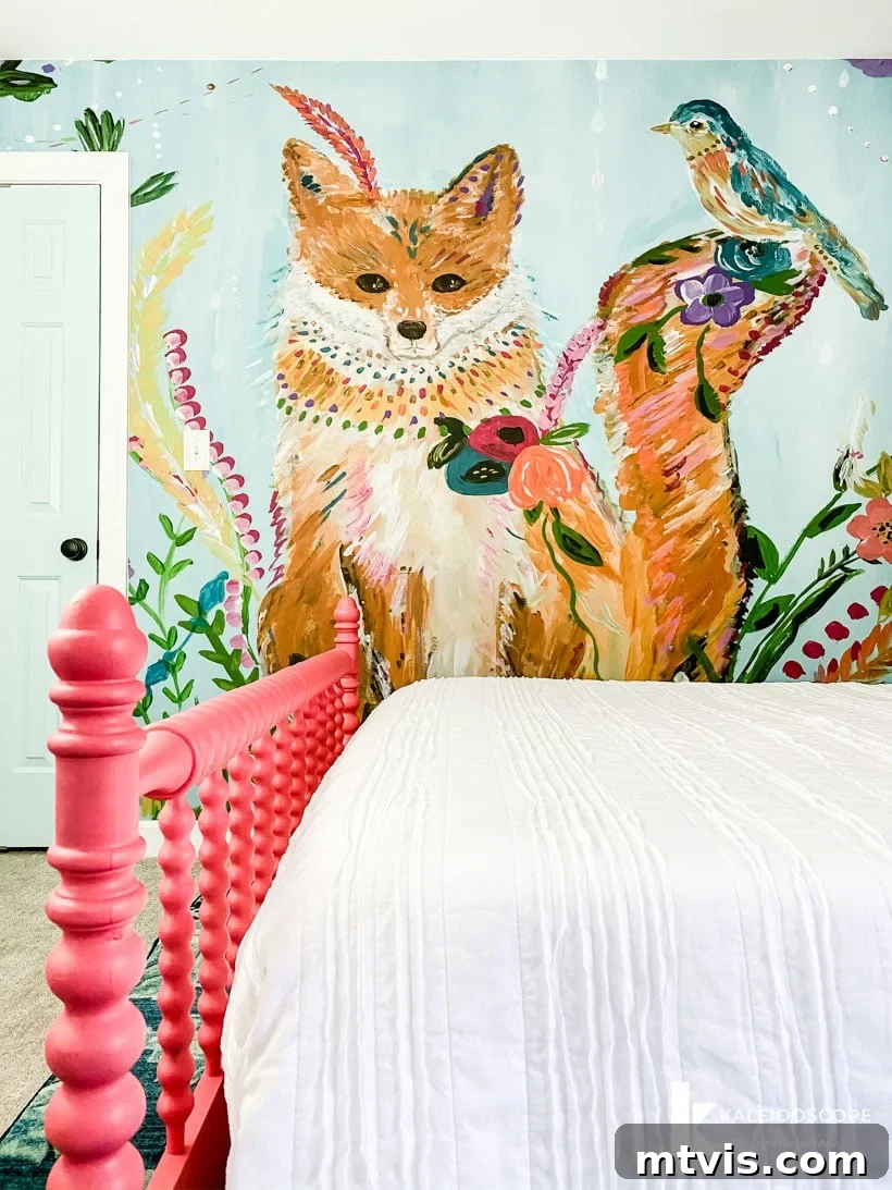 28 Whimsical Wonderland Bedrooms for Her 4 colorful fox mural accent wall in girls' bedroom
