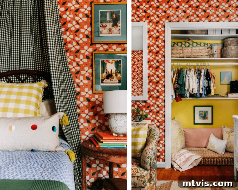 28 Whimsical Wonderland Bedrooms for Her 9 girl's bedroom bold graphic orange-red floral wallpaper with bright decor and gingham canopy