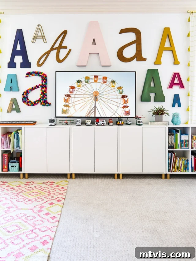 Supersize Your Walls With DIY Letters 14 Family bonus room ideas: a monogram gallery wall by Tasha Agruso of Kaleidoscope Living, featuring a felt ball letter