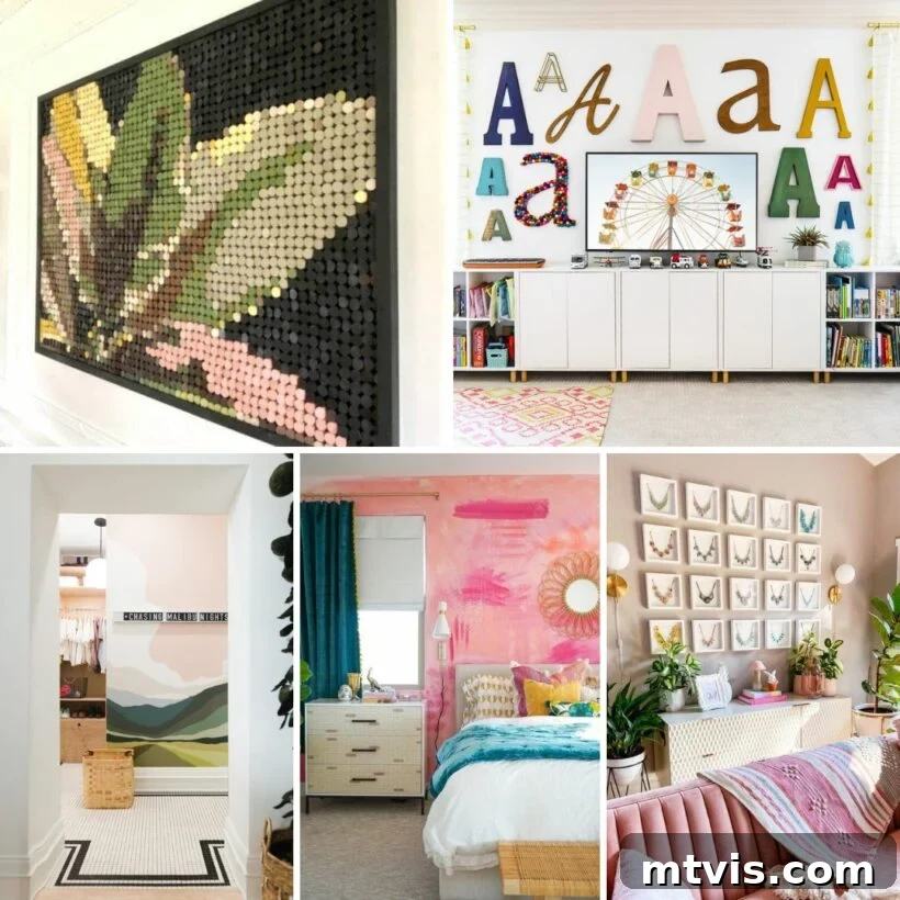 23 Ingenious DIY Wall Art Projects 2 A vibrant image collage showcasing various DIY wall decor ideas including abstract art, murals, and textured hangings, inspiring creativity for home decoration.