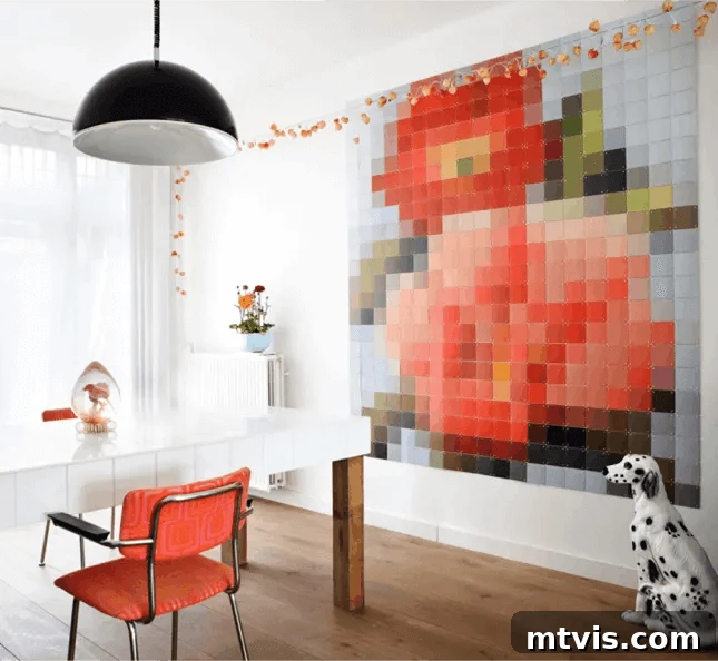 23 Ingenious DIY Wall Art Projects 11 A stunning dining room featuring a giant pixelated flower art piece, meticulously crafted from an array of colorful squares, creating a modern focal point.