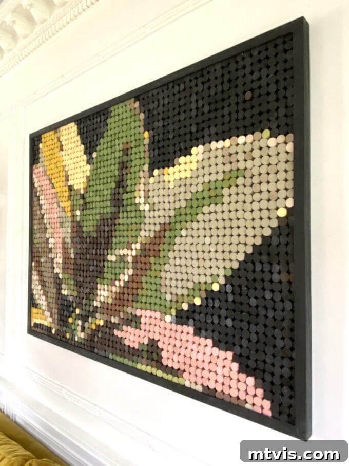 23 Ingenious DIY Wall Art Projects 18 A stunning large-scale pixel art piece depicting a vibrant flower, meticulously crafted from painted wooden dowels, showcasing remarkable creativity.