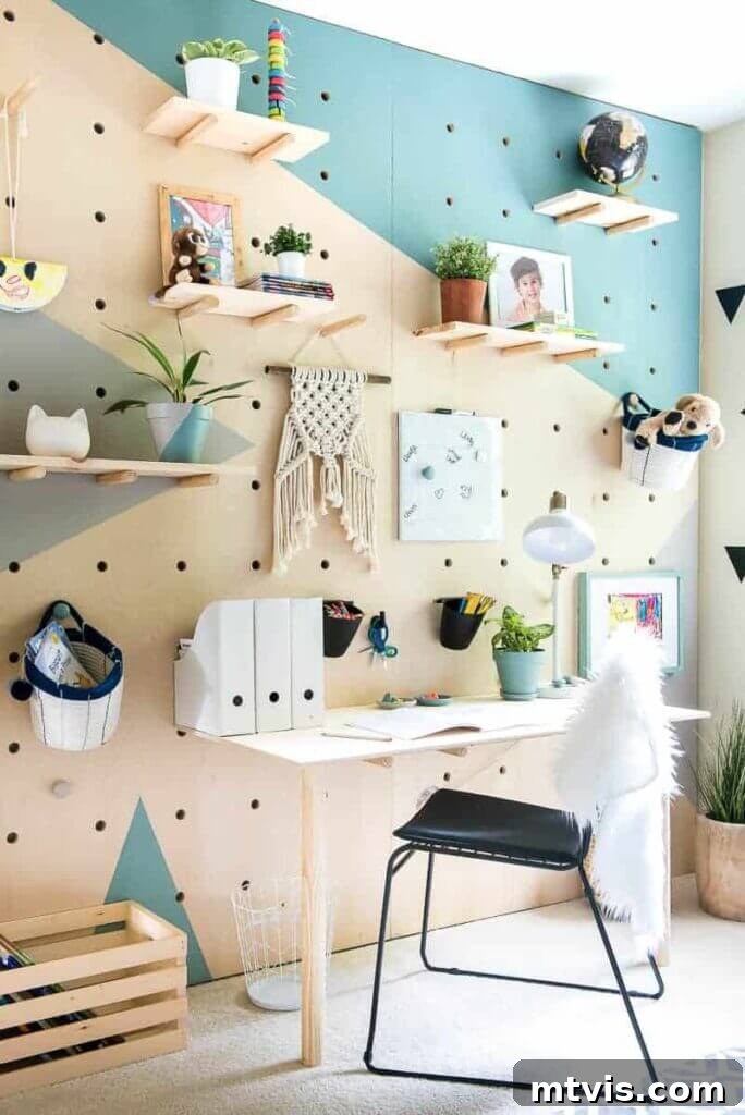 23 Ingenious DIY Wall Art Projects 24 A functional and stylish full-wall giant wood pegboard, complete with adjustable shelves, a desk, and hooks, ideal for organized living spaces.