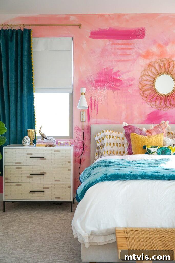 23 Ingenious DIY Wall Art Projects 4 A chic bedroom features a vibrant pink DIY abstract wall mural, complemented by elegant dark teal curtains, creating a bold and artistic space.