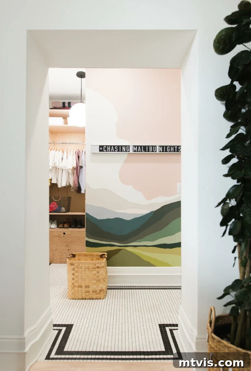 23 Ingenious DIY Wall Art Projects 5 A charming small closet mural depicting an abstract landscape with the inspiring phrase 'chasing Malibu nights' elegantly integrated.