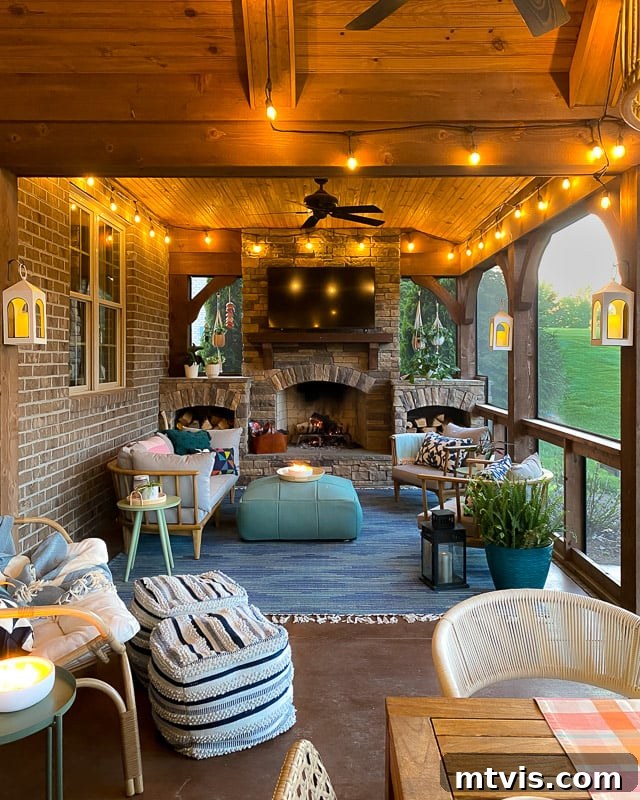 Screened Porch Retreats: Designs for Blissful Outdoor Living 3 A screened-in porch idea includes a brick fireplace, TV, a blue rug, and various wicker seating areas and potted plants.