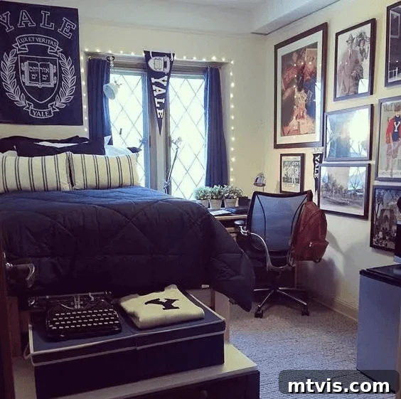 single dorm room at Yale with pennant, string lights, and antique typewriter, showcasing unique decor