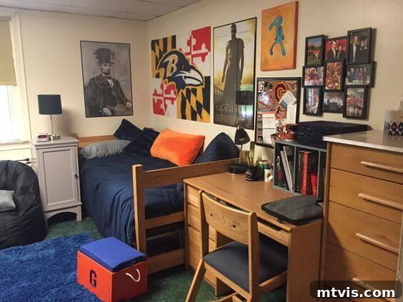 guy's dorm room with posters and neat desk, emphasizing an organized study space