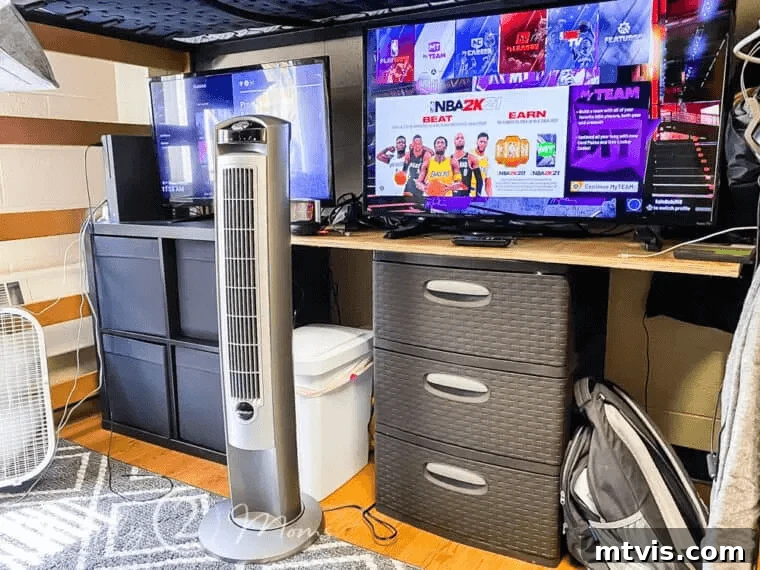 dorm room video game set up with comfortable seating