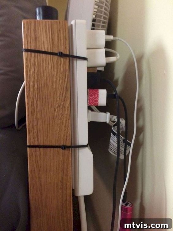 charging strip attached to bed post dorm room hack for easy access