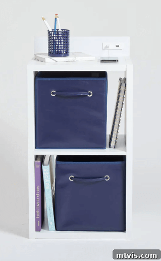 bedside storage with built-in charging plugs, a convenient dorm essential