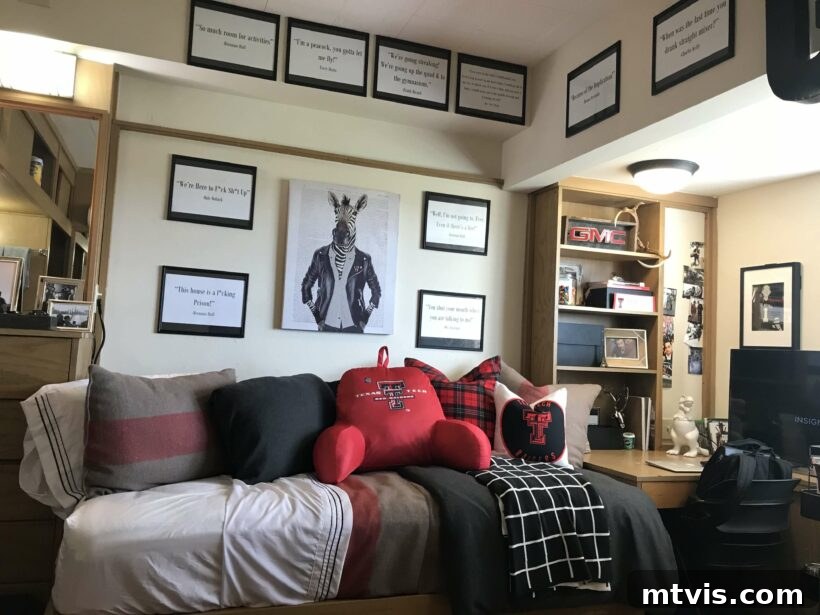 guy's black, red and white dorm room with zebra art and inspirational quotes, featuring cozy bedding