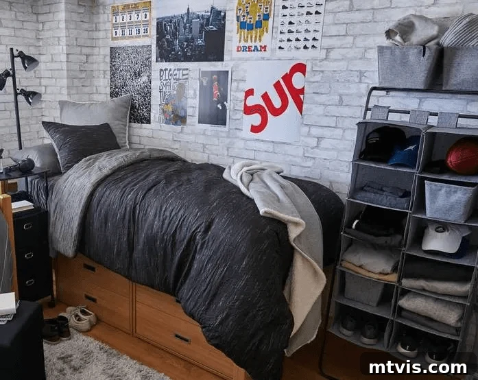 boys dorm room with brick wall paper, posters, and gray bedding, showcasing vertical storage