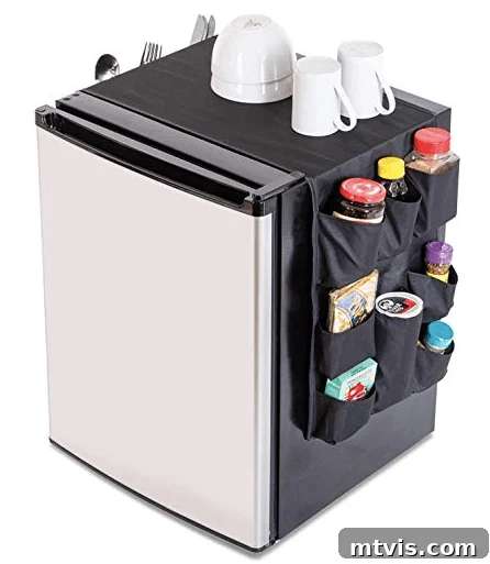mini fridge with fabric organizer for snacks, an innovative storage solution