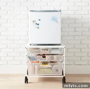 mini fridge on rolling cart with drawers for extra storage