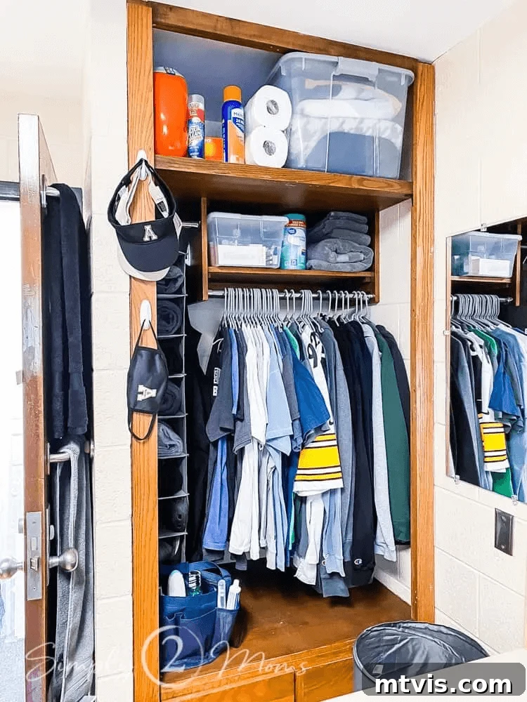 organized dorm room closet with storage bins and hanging solutions