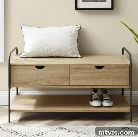 Smart and Stylish Entryway Bench Designs 5 small wood bench with metal legs with pillow on top and shoes on shelf