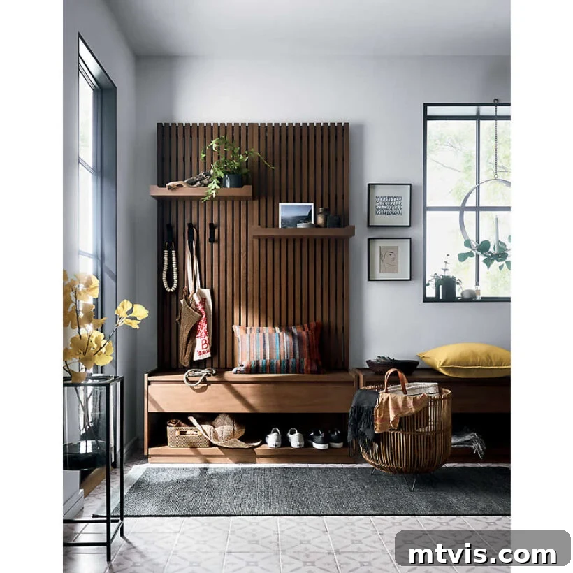 Smart and Stylish Entryway Bench Designs 6 modern brown slat entryway modular furniture with pillow on seat and shoes and accessories on shelves