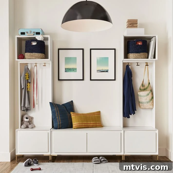 Smart and Stylish Entryway Bench Designs 7 white modular entry storage lockers with drawers and bench with pillows
