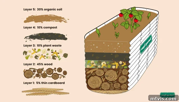 Graphic diagram illustrating the Hugelkultur method within a Vego raised bed, showing the layered organic materials beneath the topsoil.