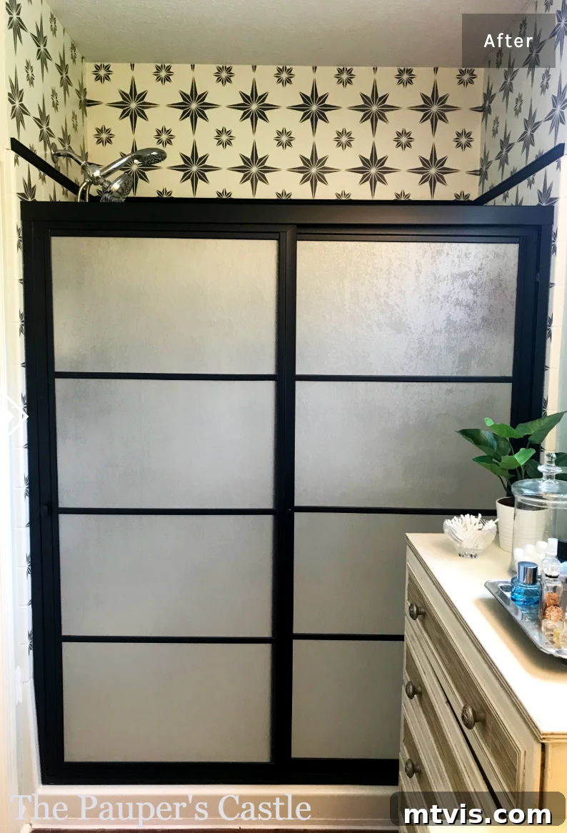 15+ Ingenious DIY Bathroom Renovation Ideas That Won't Break the Bank 23 DIY updated glass shower doors painted black with modern grids added, showcasing a contemporary style