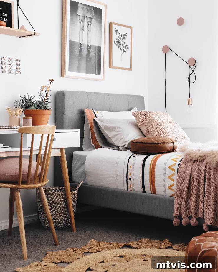 25 Creative Bedroom Transformations for Teenagers 3 A teen girl bedroom with a desk next to the bed that can double as a vanity.