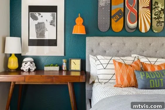 25 Creative Bedroom Transformations for Teenagers 22 Skateboards hanging above a grey bed in a teen boy's room, with a nightstand holding a lamp and Stormtrooper's miniature mask.