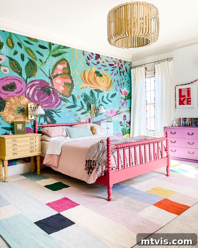 25 Creative Bedroom Transformations for Teenagers 9 A colorful bedroom mural with flowers and butterfly above a coral vintage bed and color-blocked rug. Teen bedroom ideas need to include an area rug.