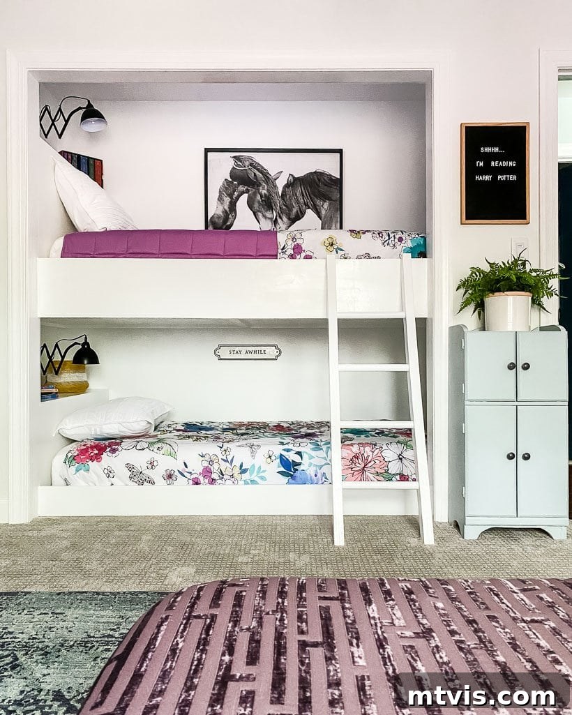 Brilliant Shared Kids' Bedroom Hacks 12 white bunk beds built into closet nook with flowered comforters