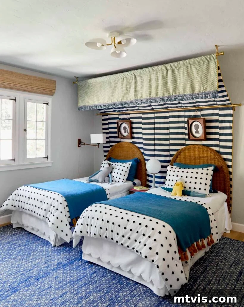 Brilliant Shared Kids' Bedroom Hacks 16 twin wicker beds with striped double canopy and polka dot bedspreads